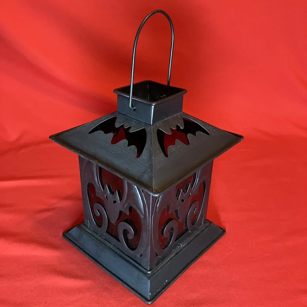 Illuminations Votive Lantern / Bats / Black Metal / Tea Light Holder / Red Glass